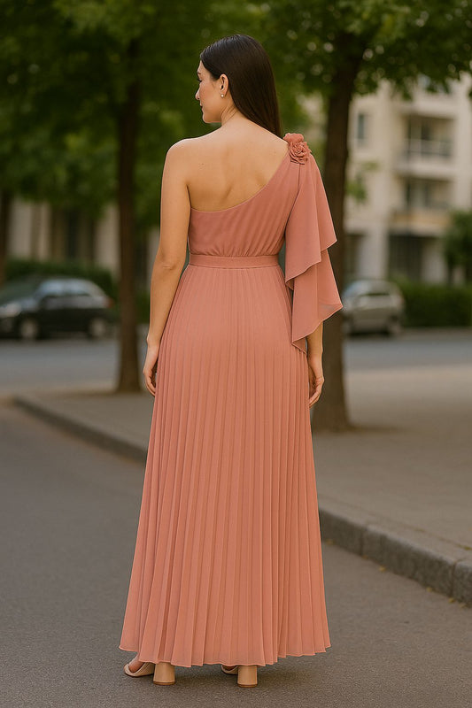 VESTIDO DE FIESTA ALONDRA CORTE  ASIMETRICO, FALDA DE GASA PLISADA