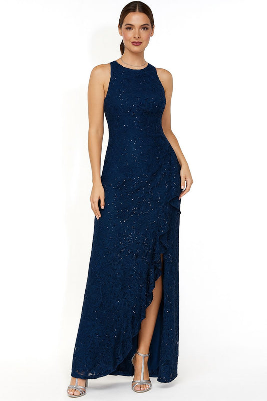 VESTIDO DE FIESTA ROSSANA EN ENCAJE Y LEVE BRILLO COLOR AZUL TALLA 44