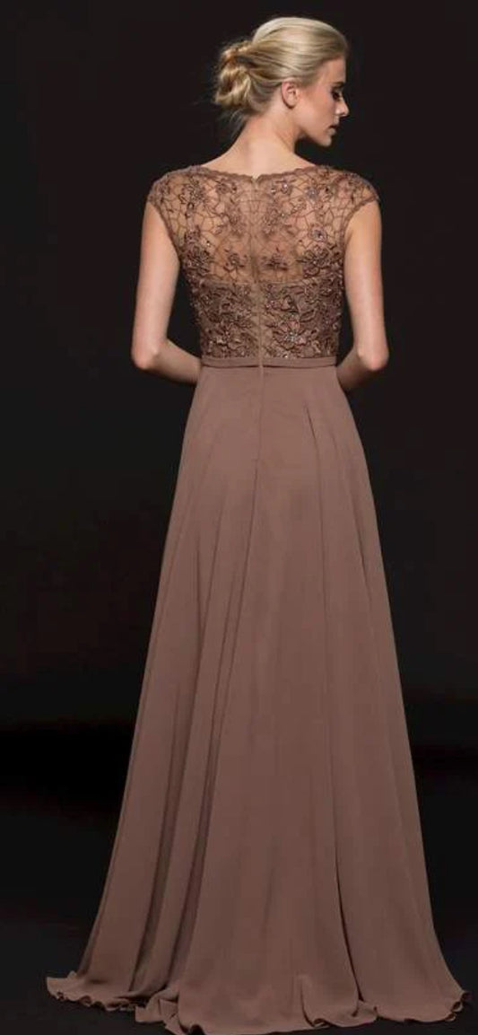 VESTIDO DE FIESTA  ANGELA COLOR MARRON TALLA 40 CON APLICACIONES Y BRILLOS