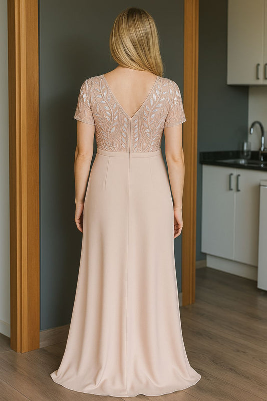 VESTIDO DE FIESTA ALEX  CON  CORTE  ,PALO DE ROSA EN TALLA 40