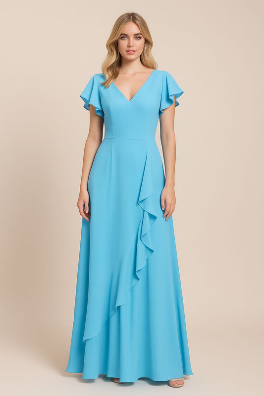 VESTIDO DE FIESTA  CLAUSS, EN COLOR CALIPSO Y VOLANTES , EN TALLA 38