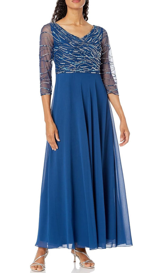 VESTIDO  DE FIESTA JOY EN AZUL PETROLEO ,MANGAS LARGAS Y APLICACIONES