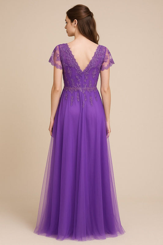 VESTIDO DE FIESTA RENATA EN GASA Y TUL COLOR MORADO Y APLIQUES