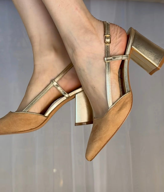 Zapato español Camel para fiesta , tacon 8 cms ,gamuza y ecocuero