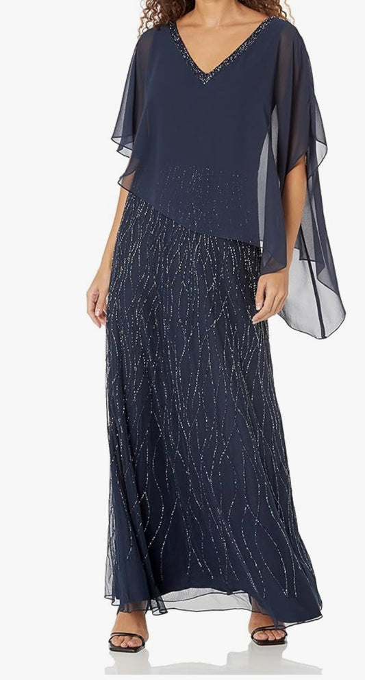 Vestido de fiesta Mery con elegante pedrería , capa y escote en V