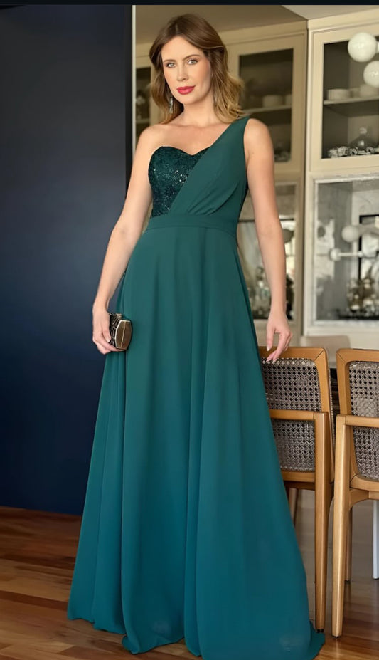 VESTIDO DE FIESTA IRMA EN ELEGANTE APLICACION Y PERFECTA ASIMETRÍA