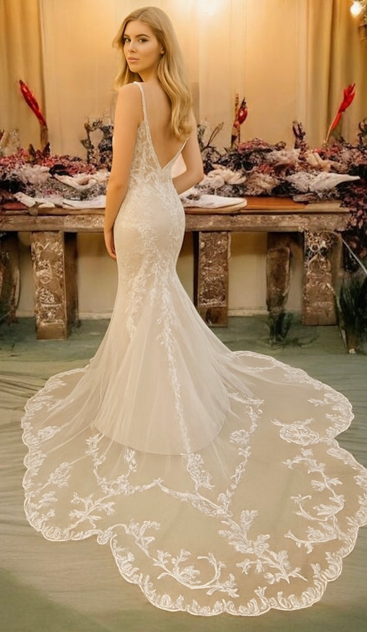 VESTIDO DE NOVIA AZALEIA ESTILO SIRENA ,MACRAMÉ Y HERMOSA COLA
