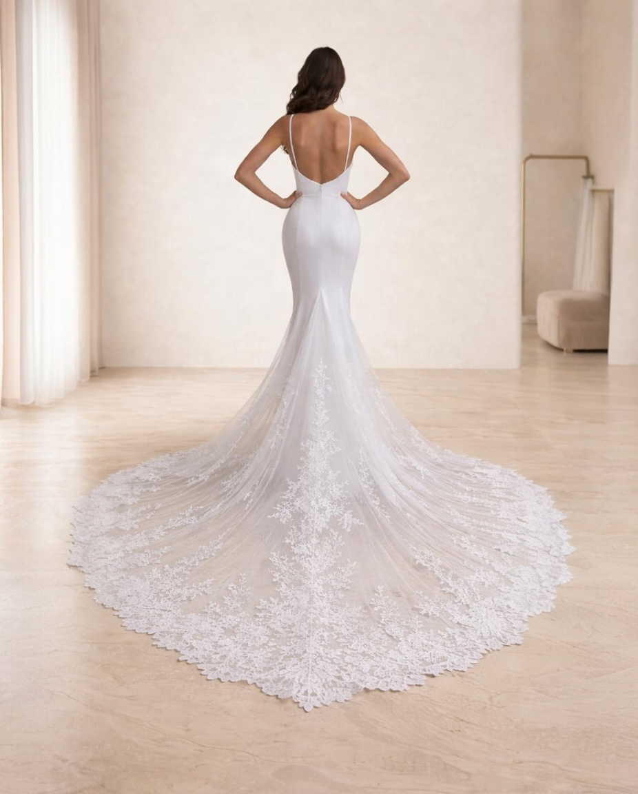 Vestido de novia Ivonne estilo sirena minimalista con escote profundo