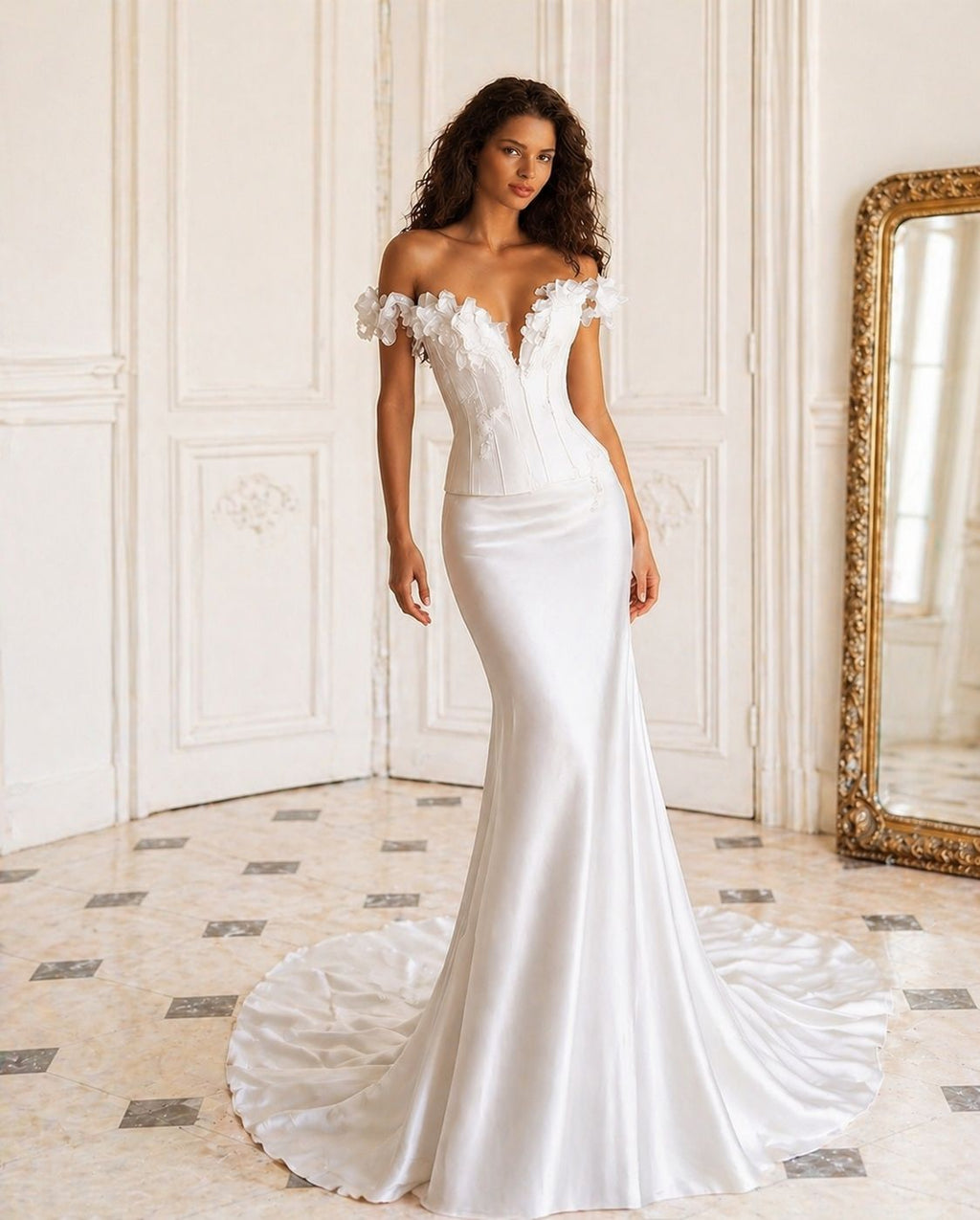Vestido de novia Leila sirena con escote off shoulder y aplicaciones florales