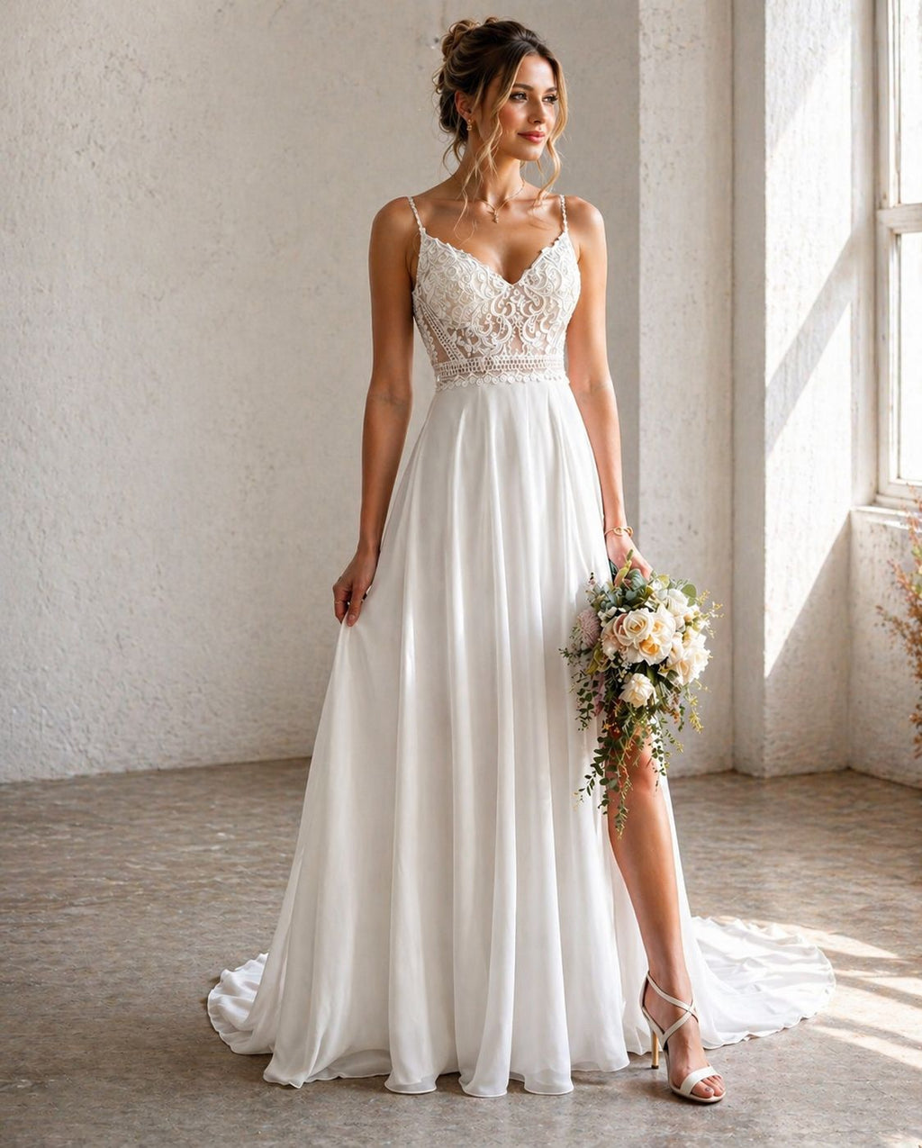 Vestido de novia Allison, liviano, vaporoso y de elegante sencillez