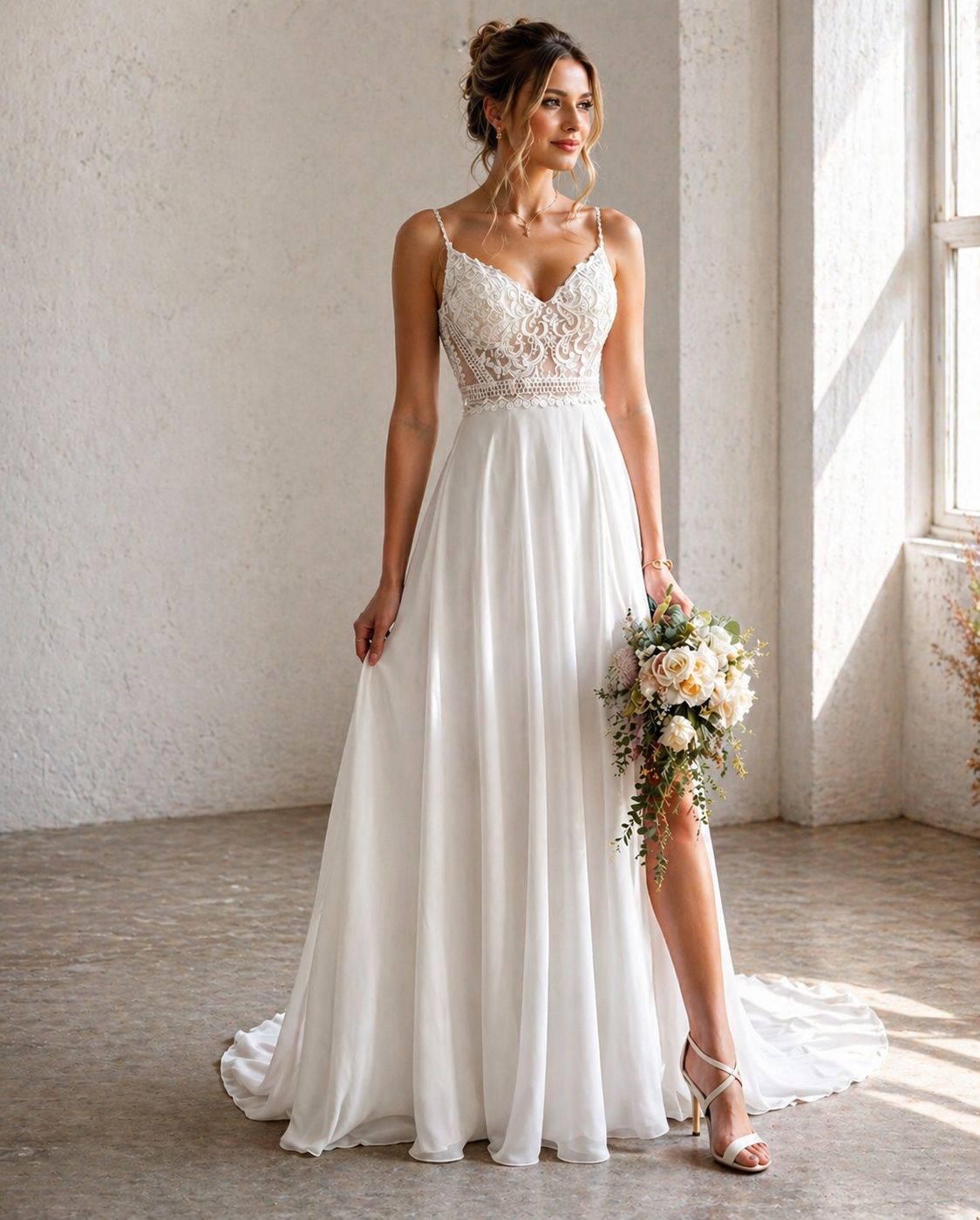 Vestido de novia Allison, liviano, vaporoso y de elegante sencillez
