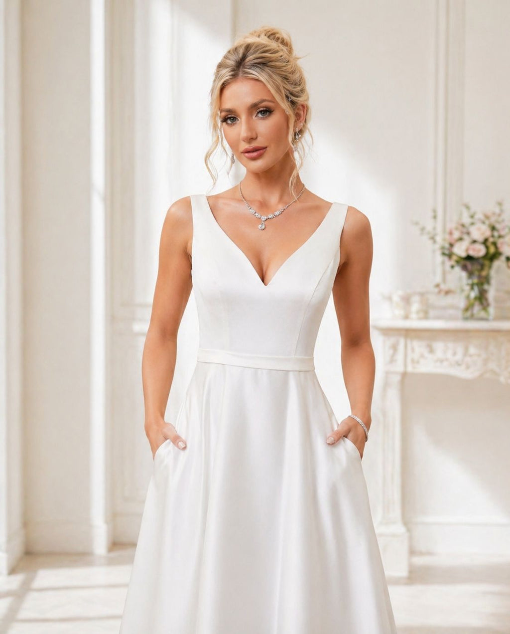 Vestido de novia Azalea ,estilo minimalista y con escote profundo