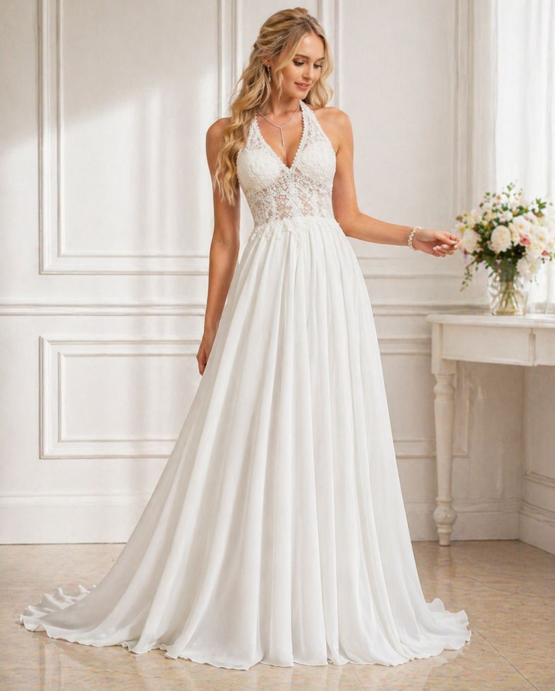 Vestido de novia Candy con espalda descubierta muy liviano y vaporoso