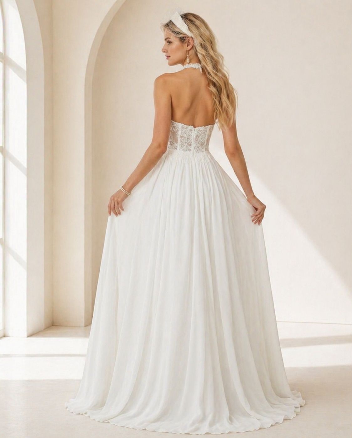 Vestido de novia Candy con espalda descubierta muy liviano y vaporoso