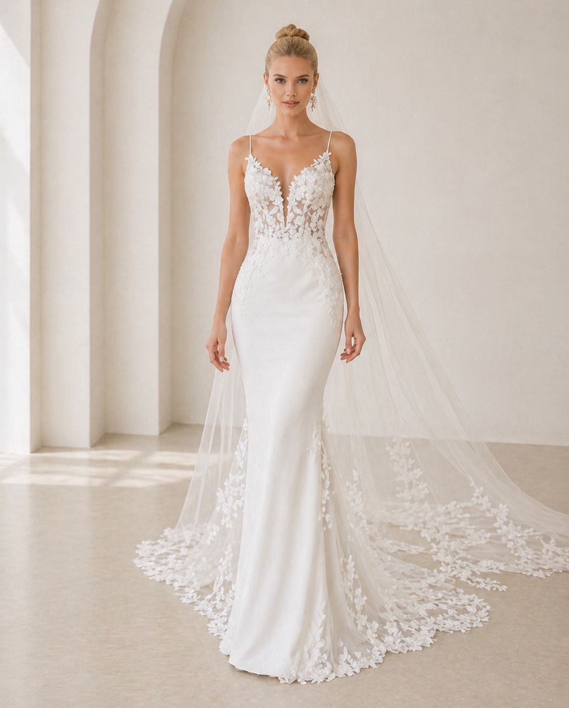 Vestido de novia Ferny sirena con encaje floral y cola bordada