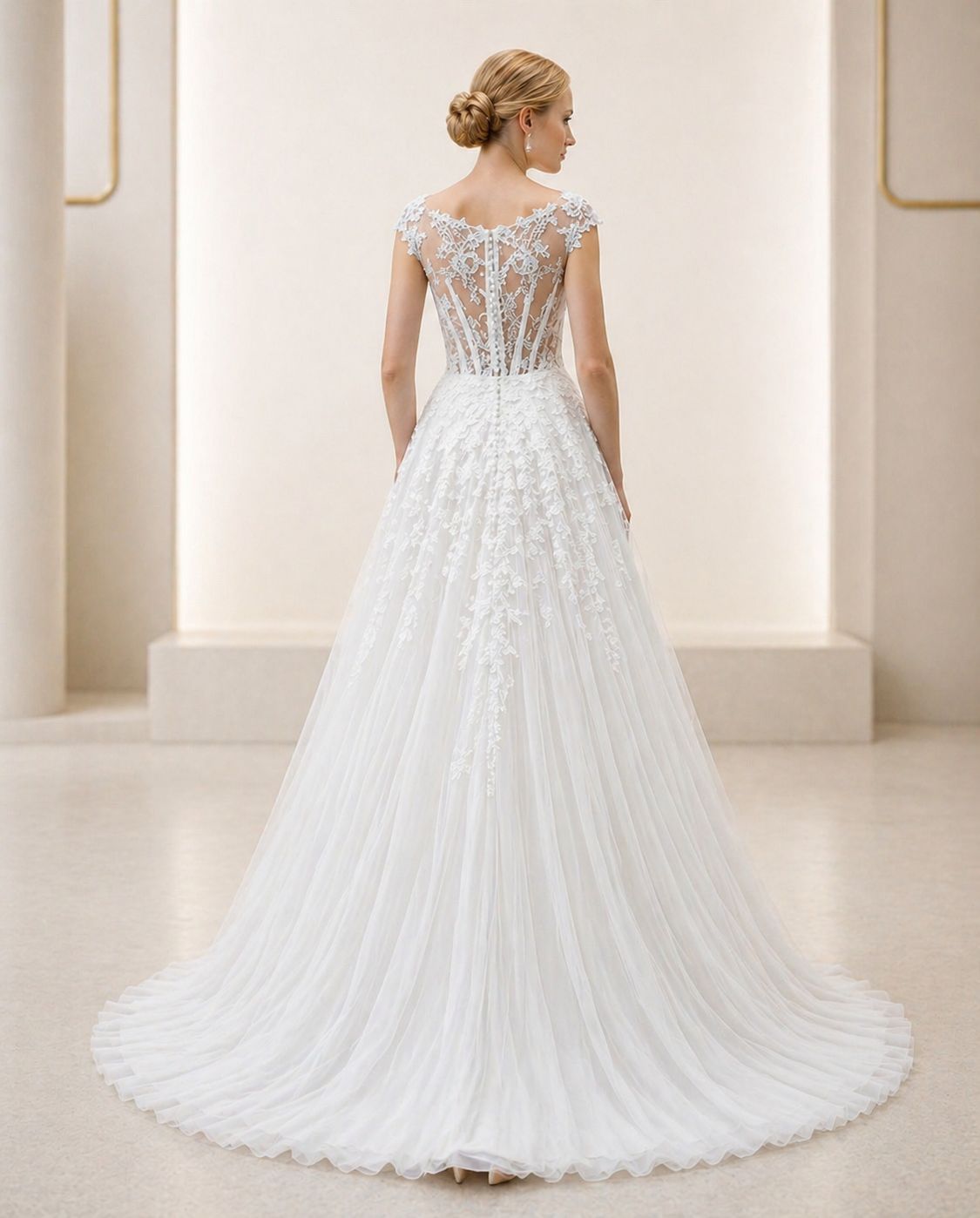 Vestido de novia Francis estilo princesa con macramé y transparencia