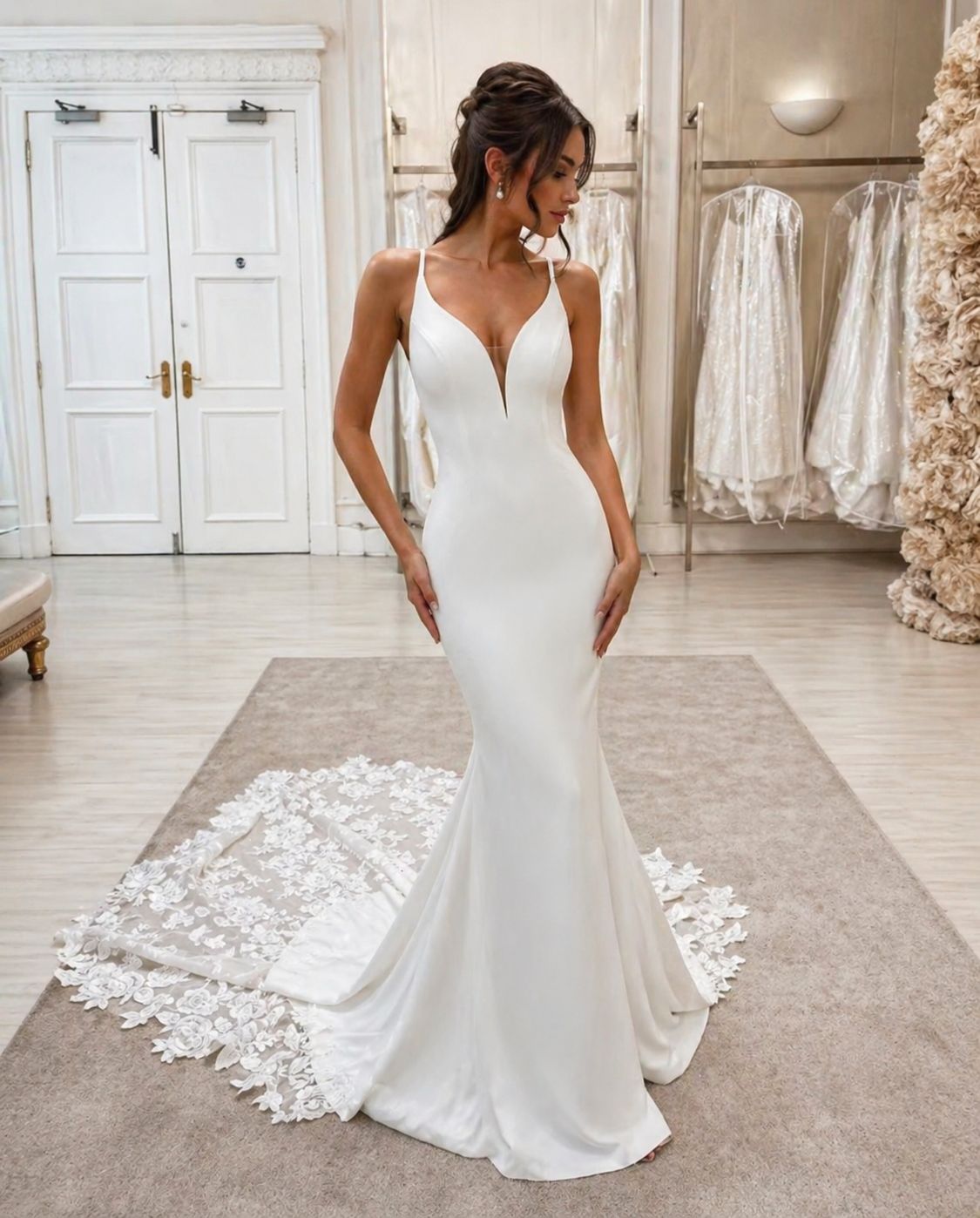 Vestido de novia Ivonne estilo sirena minimalista con escote profundo