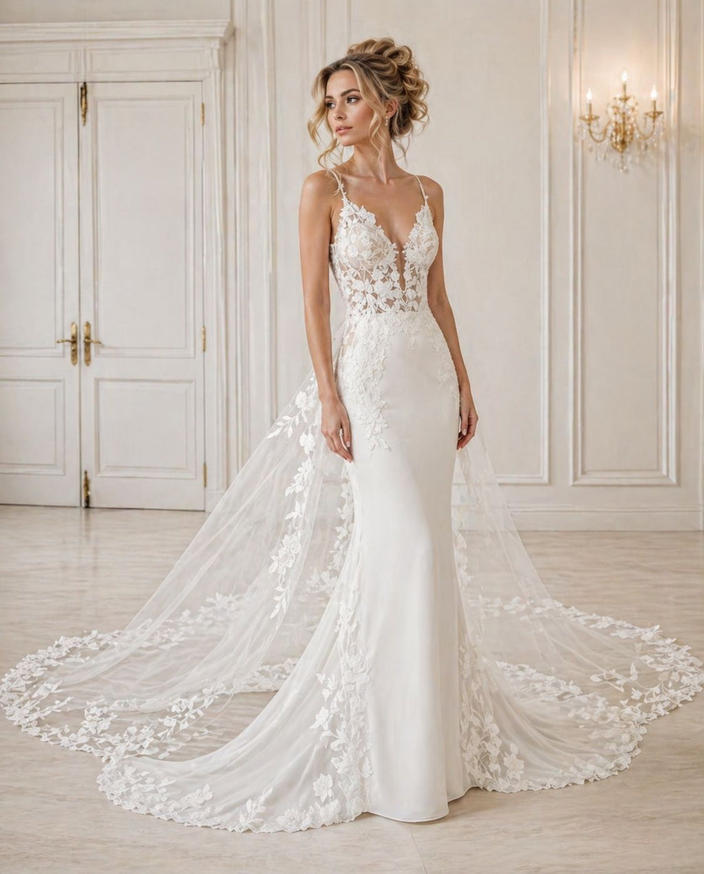 Vestido de novia Rosario esilo sirena con encaje floral y cola