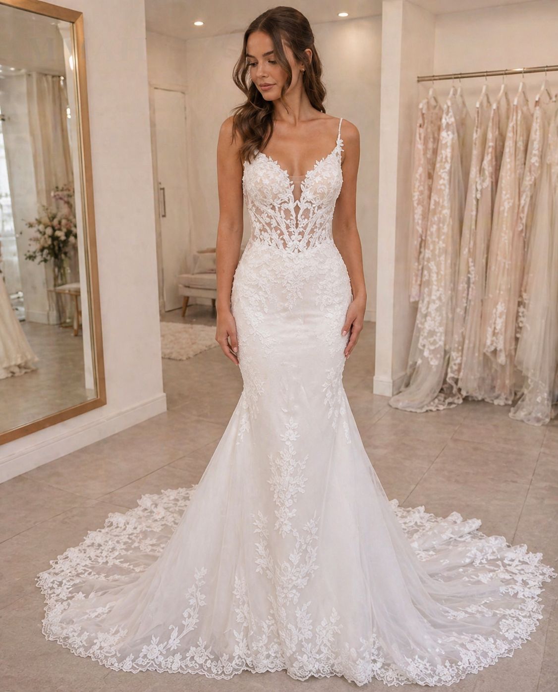Vestido de novia Josefa sirena de encaje floral y espalda abierta en V