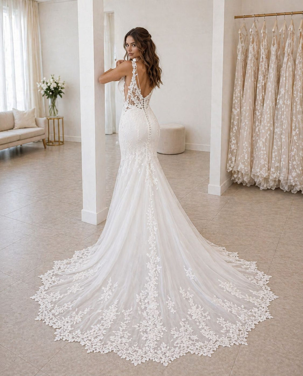Vestido de novia Josefa sirena de encaje floral y espalda abierta en V