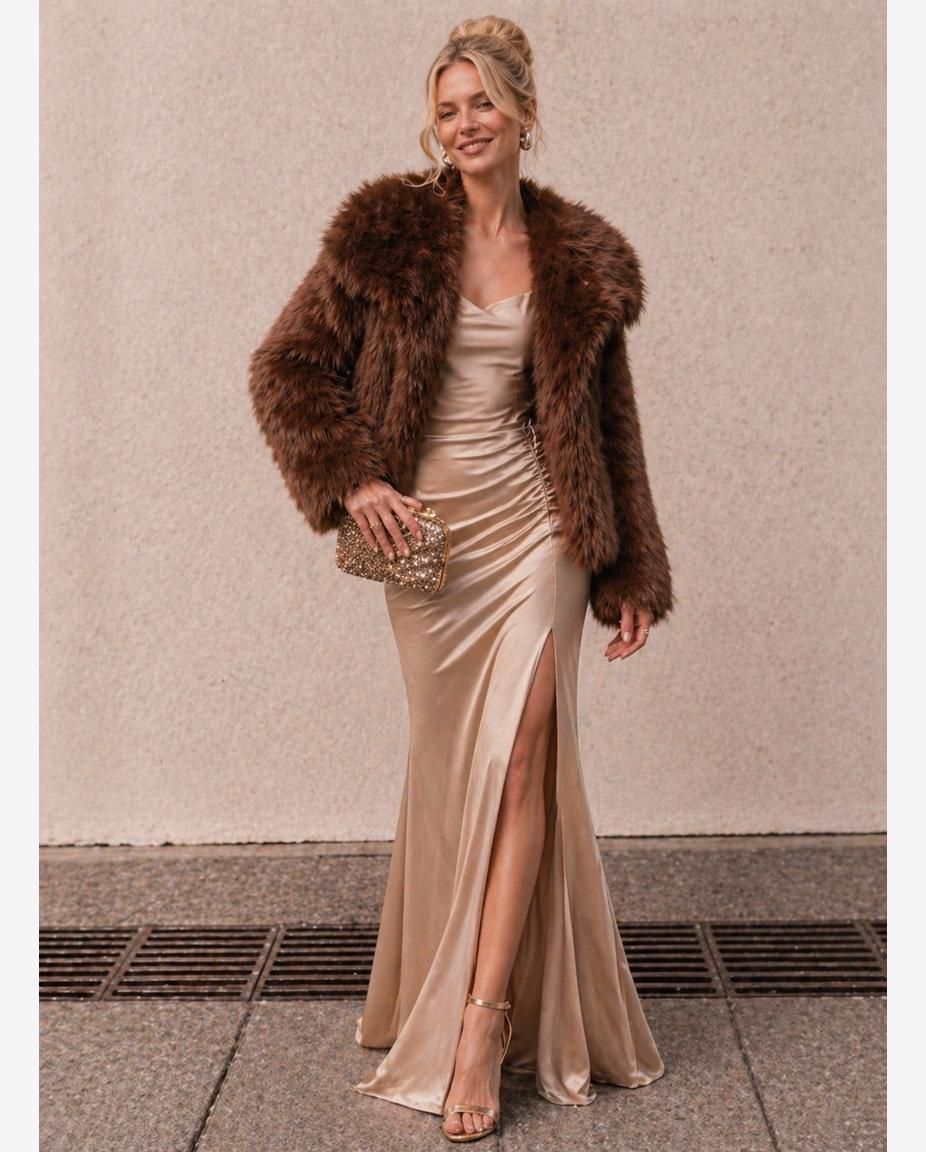 Chaqueta tipo piel premium color café o beige  |Abrigo corto fiesta