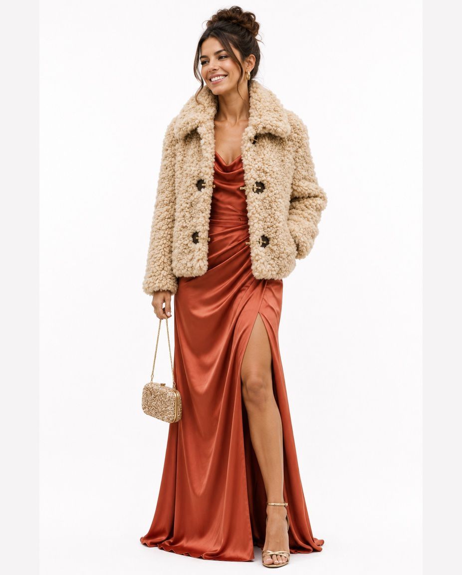 Chaqueta tipo cordero con broches metálicos