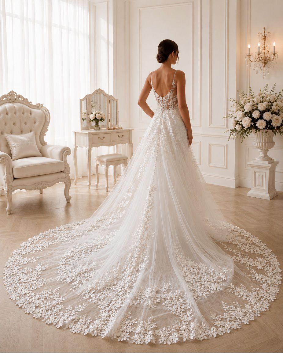 Vestido de novia Rosario esilo sirena con encaje floral y cola