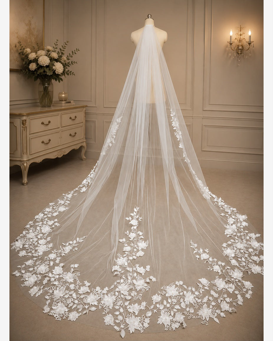 Velo de novia catedral con encaje 3D bordado de 4 metros, maravilloso, fino y muy elegante(preventa)