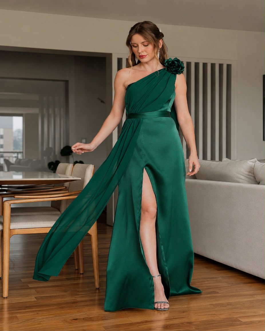 Vestido de fiesta Emma en gasa y tela satinada corte asimétrico gran versatilidad