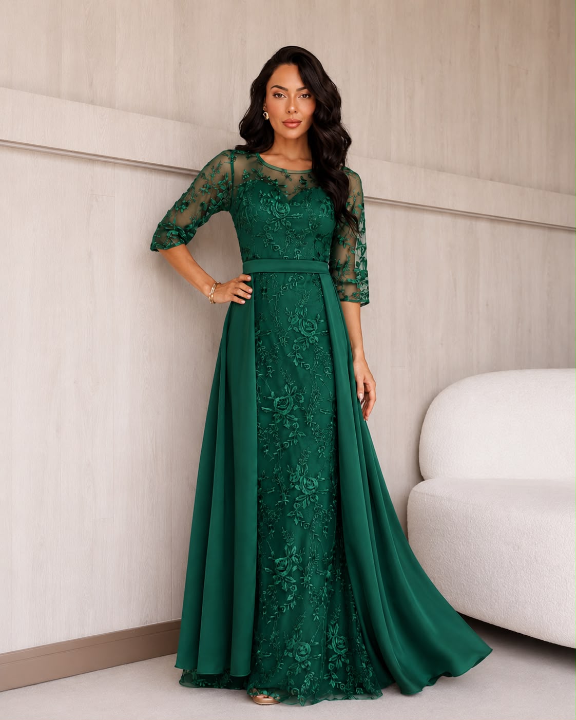 Vestido de fiesta Karina encaje y capa cola elegancia satinada