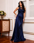Vestido de fiesta Yoly cuello halter y transparencia