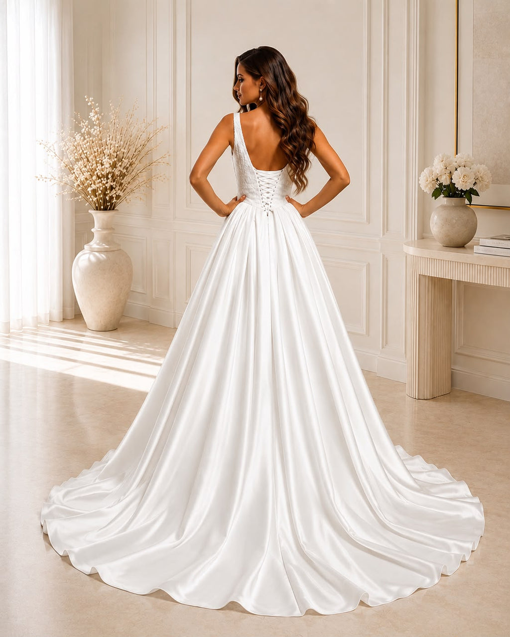 Vestido de Novia Cala Corte A de Satín con Escote Profundo y brillo