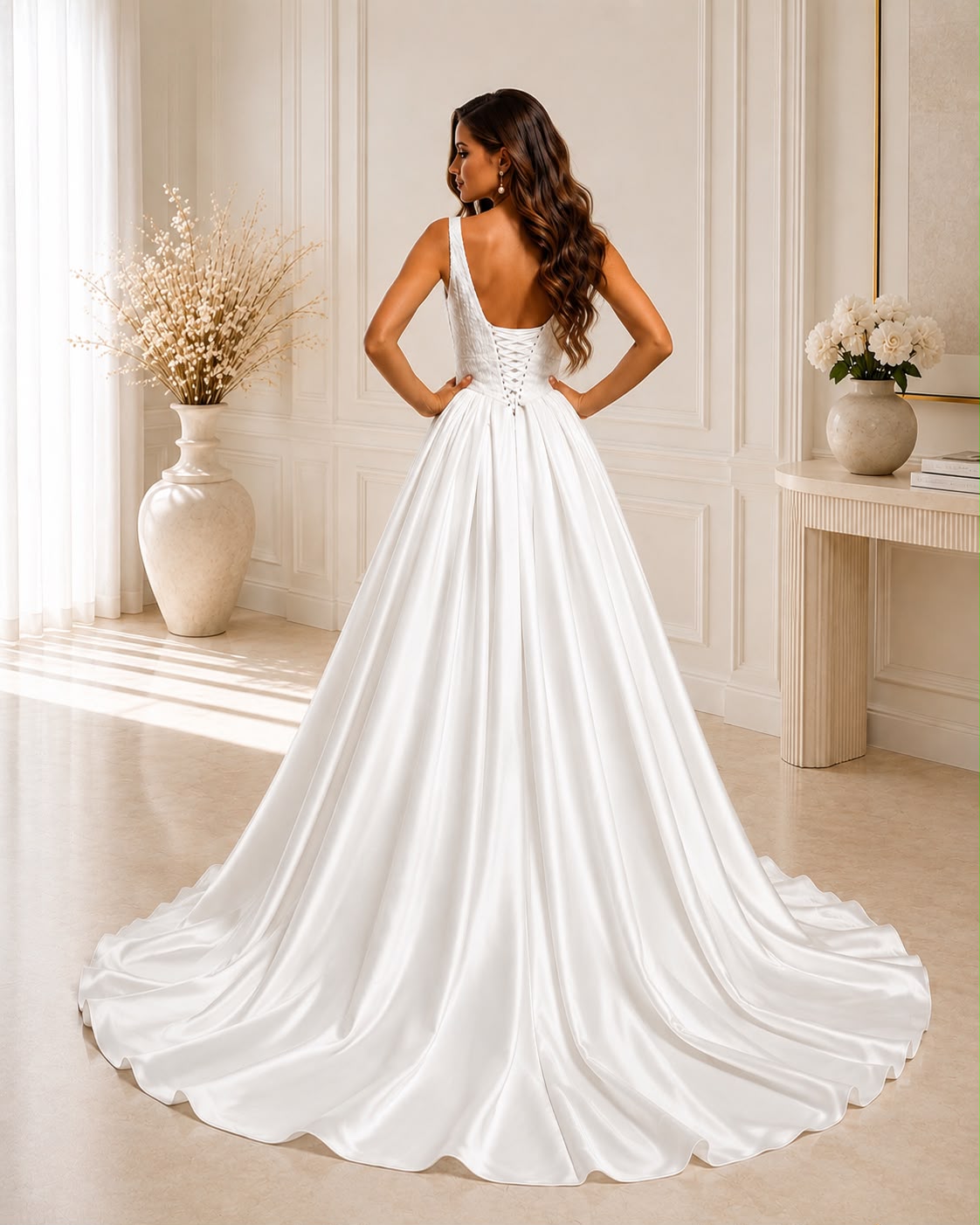 Vestido de Novia Cala Corte A de Satín con Escote Profundo y brillo