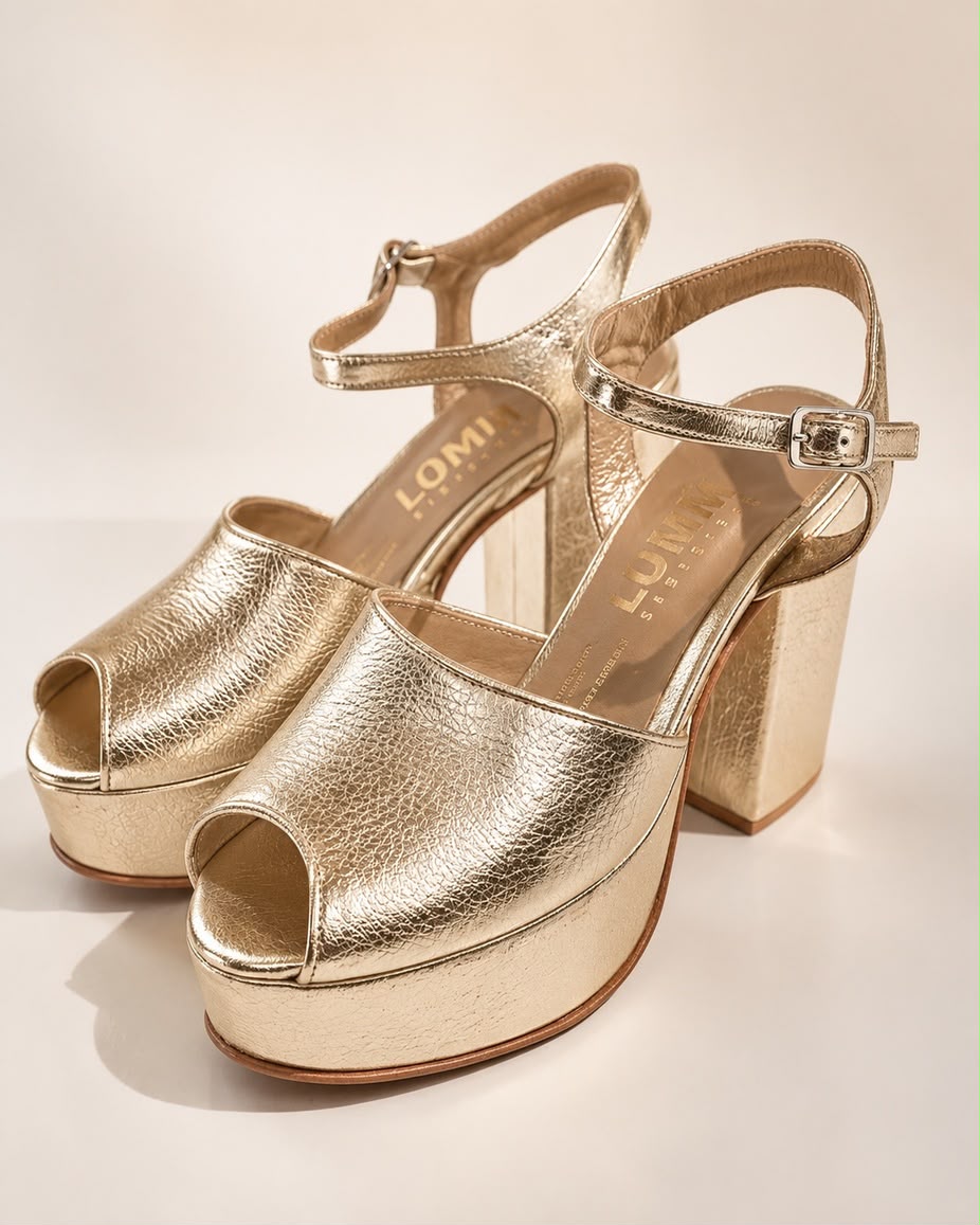 Sandalia de cuero Argenta color Gold plataforma de 3 cms y taco de 8,5 cms(Preventa)