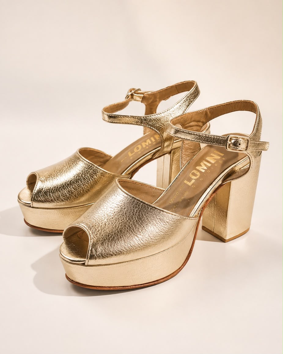 Sandalia de cuero Argenta color Gold plataforma de 3 cms y taco de 8,5 cms(Preventa)