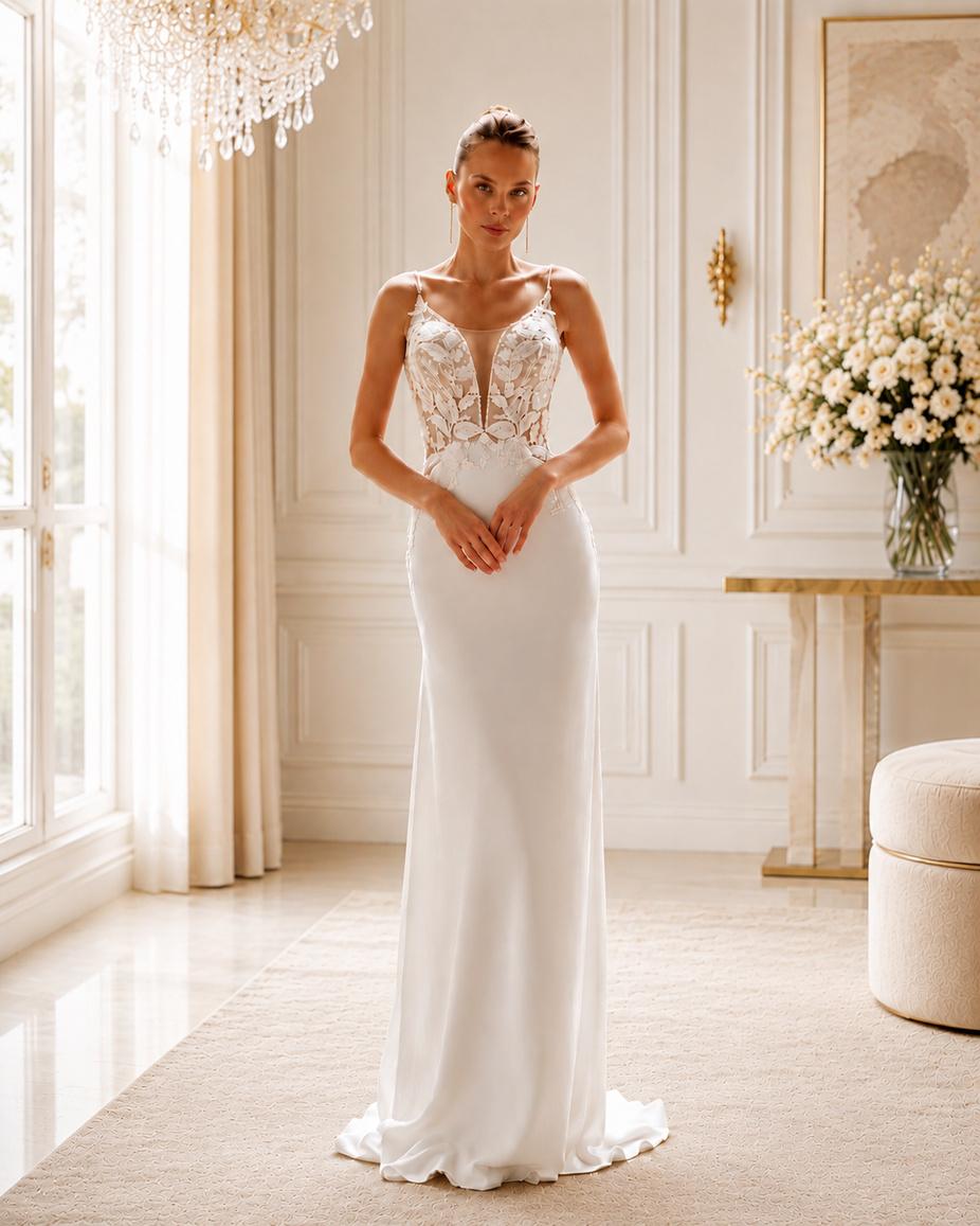 Vestido de novia Isabella sirena con encaje floral y espalda profunda