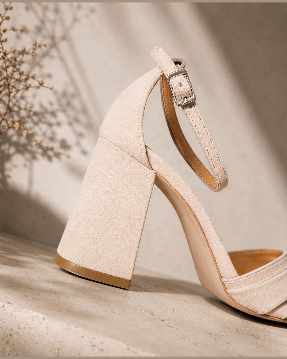 Sandalia de cuero para novia y fiesta Colomba en terciopelo velvet color nude taco 7 cms (preventa)