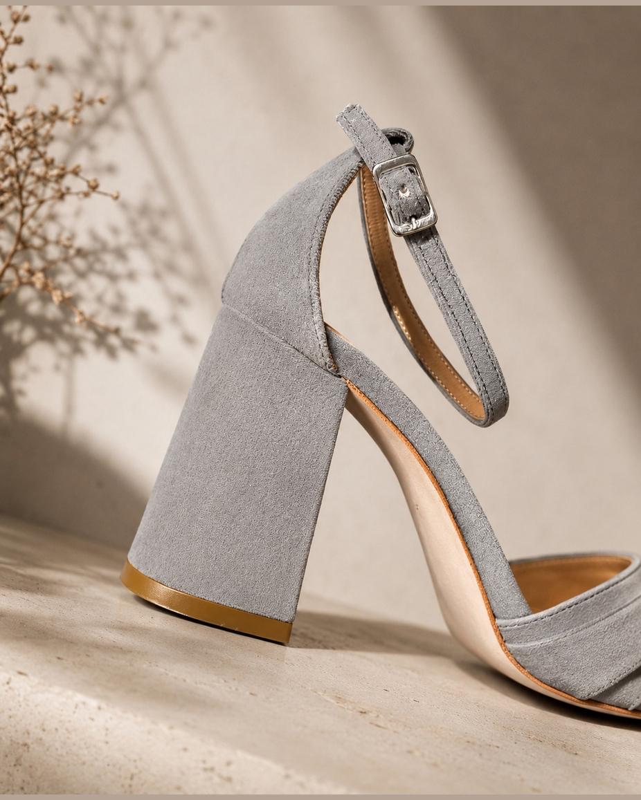 Sandalia de cuero para novia y fiesta Colomba en terciopelo velvet color gris  taco 7 cms (preventa)