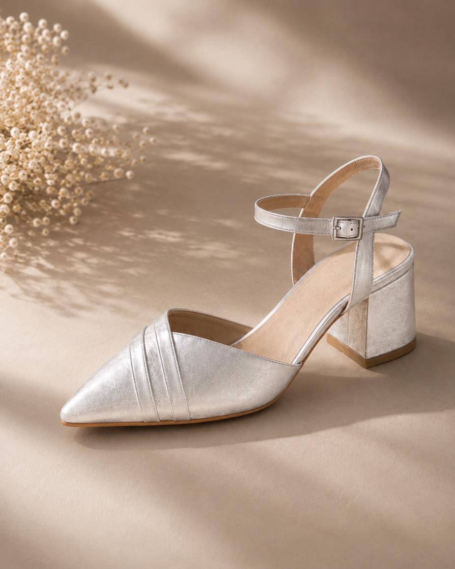 Sandalia para novia y fiesta Amalfi  en cuero color plata/nude taco 5 cms