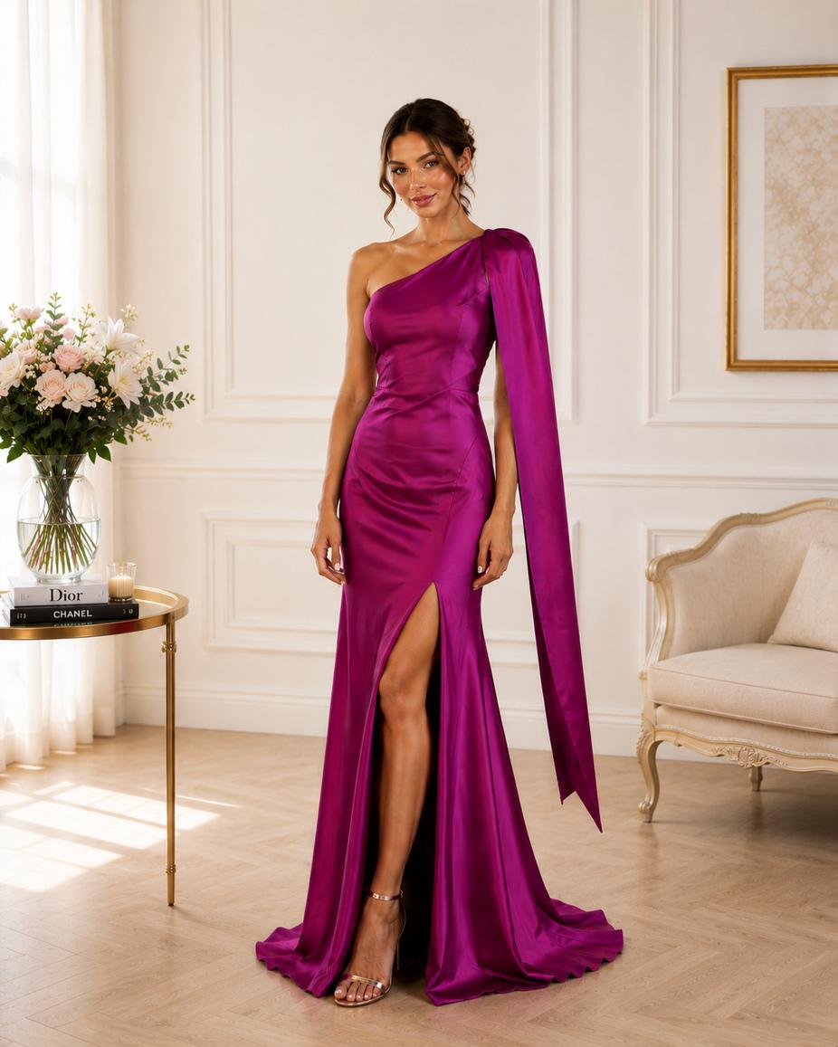 Vestido de fiesta Silvana color fucsia de corte asimétrico,seda fría
