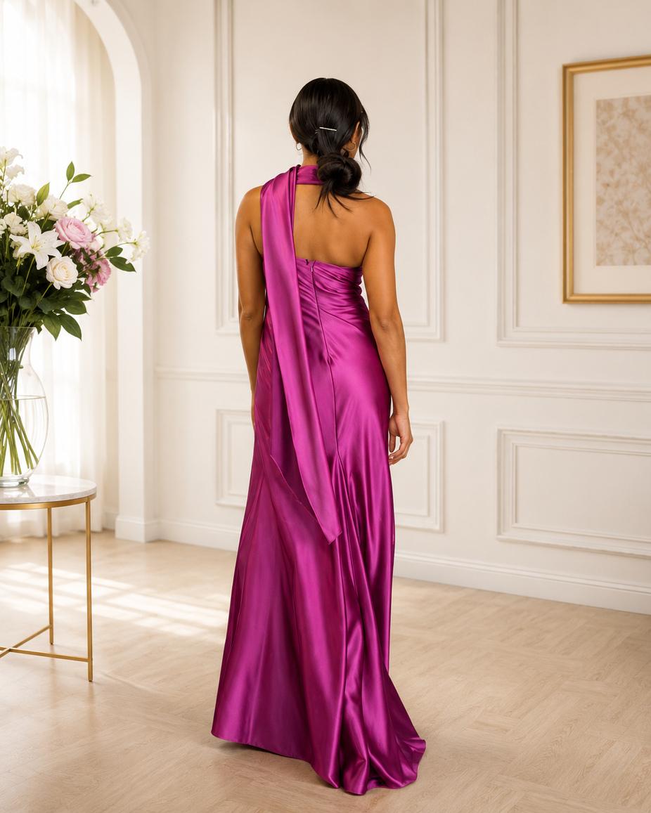 Vestido de fiesta Silvana color fucsia de corte asimétrico,seda fría