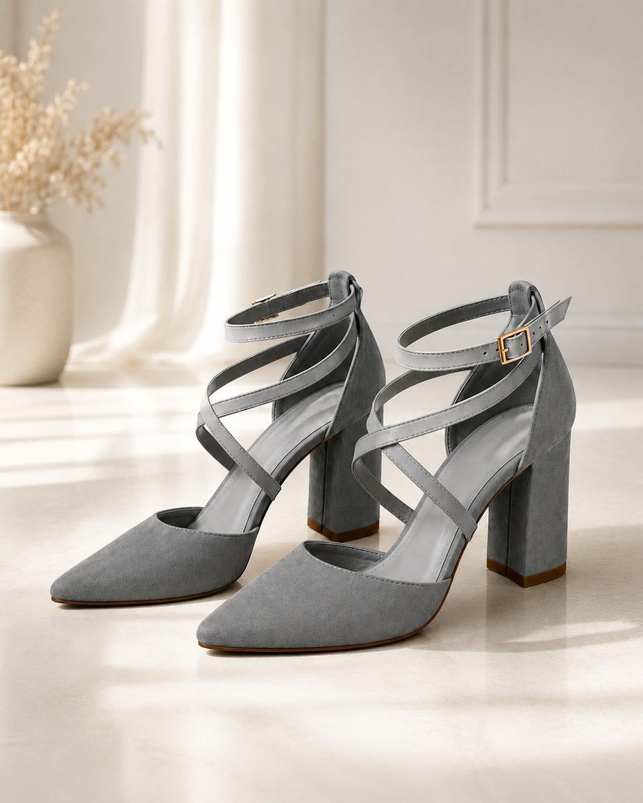 Zapato para novia y fiesta Roma de terciopelo velvet taco 7 cms color plata doble tiras cruzadas