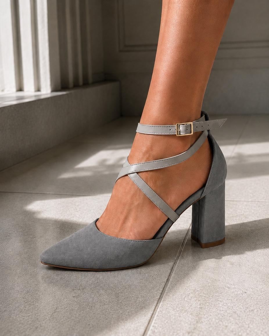 Zapato para novia y fiesta Roma de terciopelo velvet taco 7 cms color plata doble tiras cruzadas
