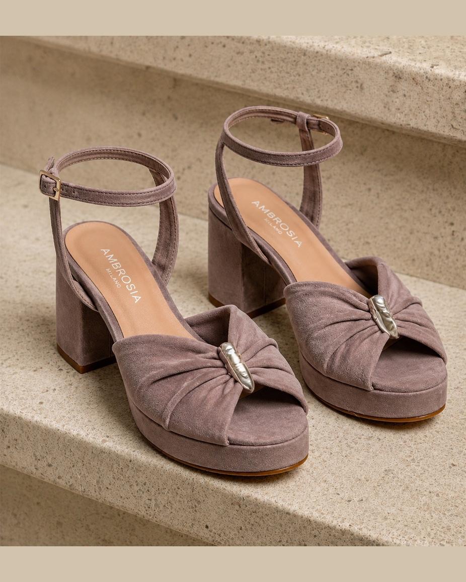 Sandalia  para novia y fiesta Milano de terciopelo velvet taco 7 cms color lavanda