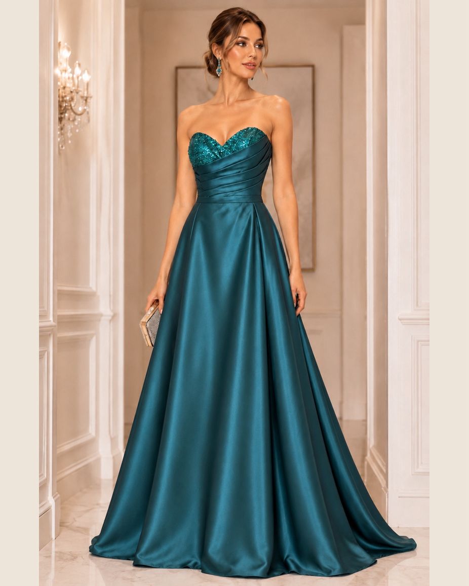 Vestido de fiesta Marcia strapless y aplicaciones