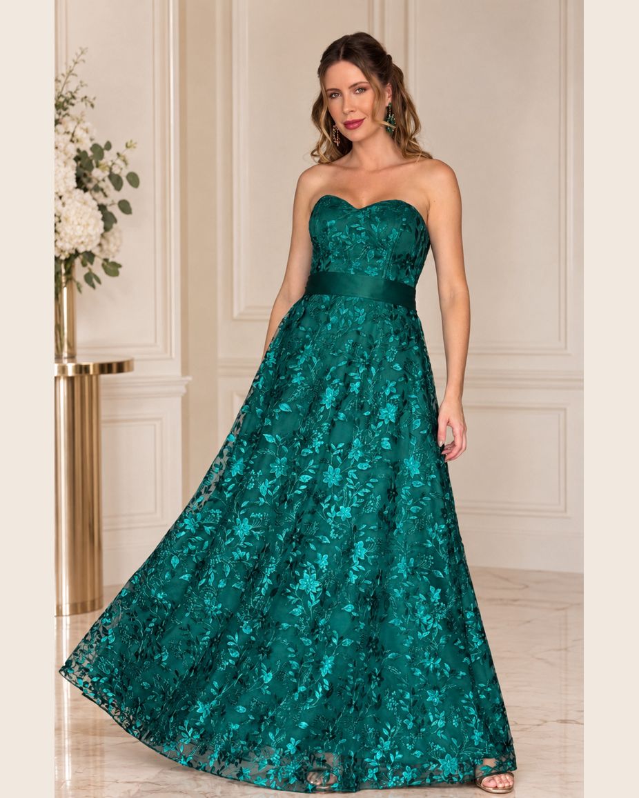 Vestido de fiesta Anastasia strapells encaje floral y cinturón raso