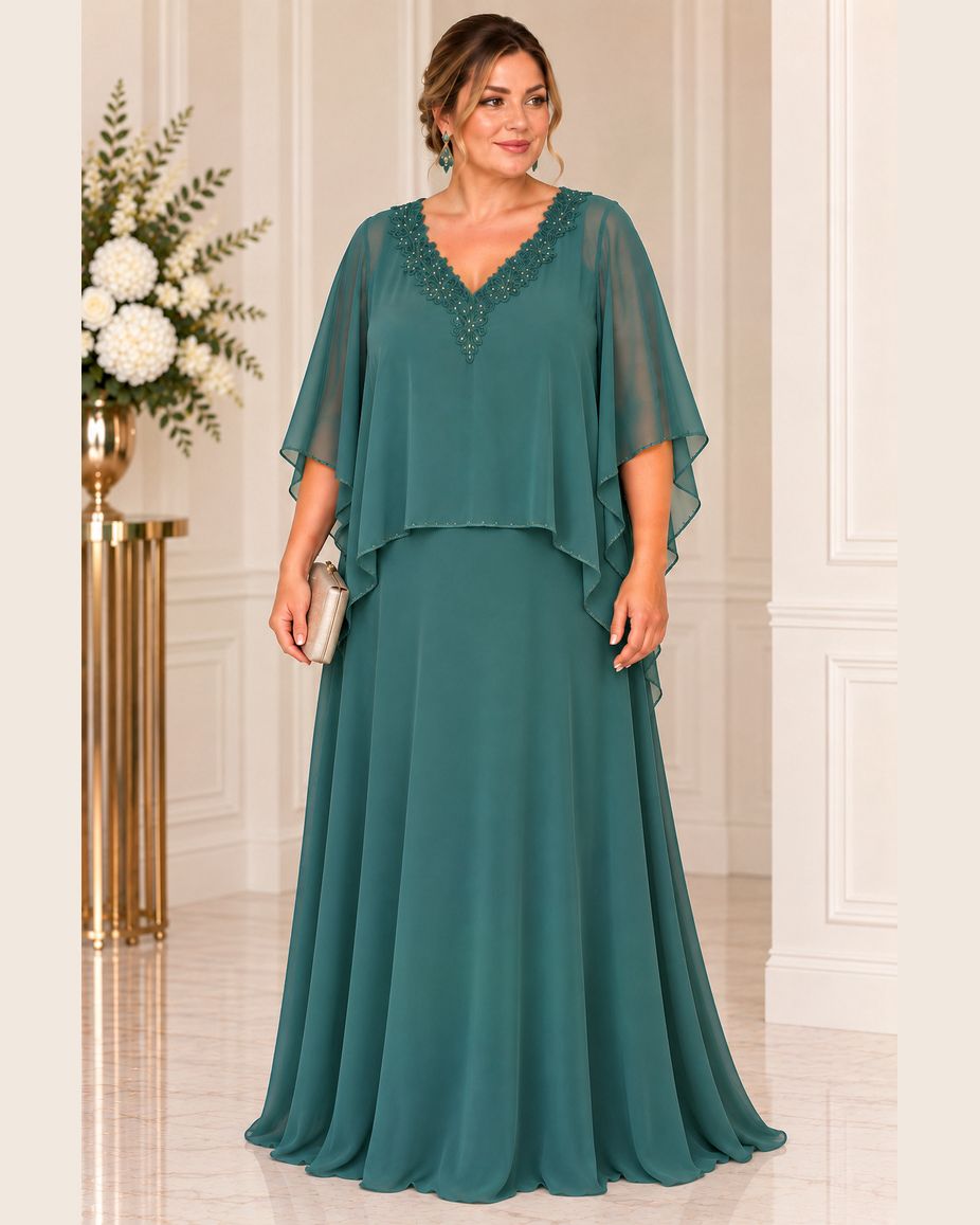 Vestido de fiesta Marilú con capa y aplicación cuello