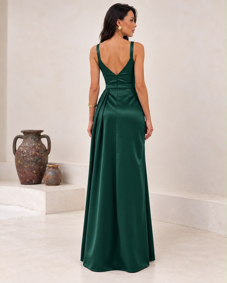 Vestido de fiesta en tela raso y tirante spaghetti y drapeado
