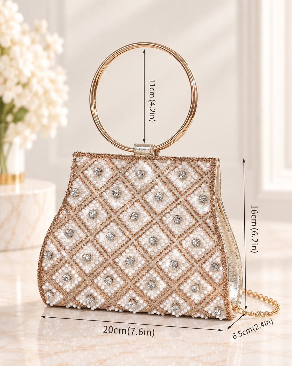 Bolso de fiesta Diamante en dorado y cristales asa curva