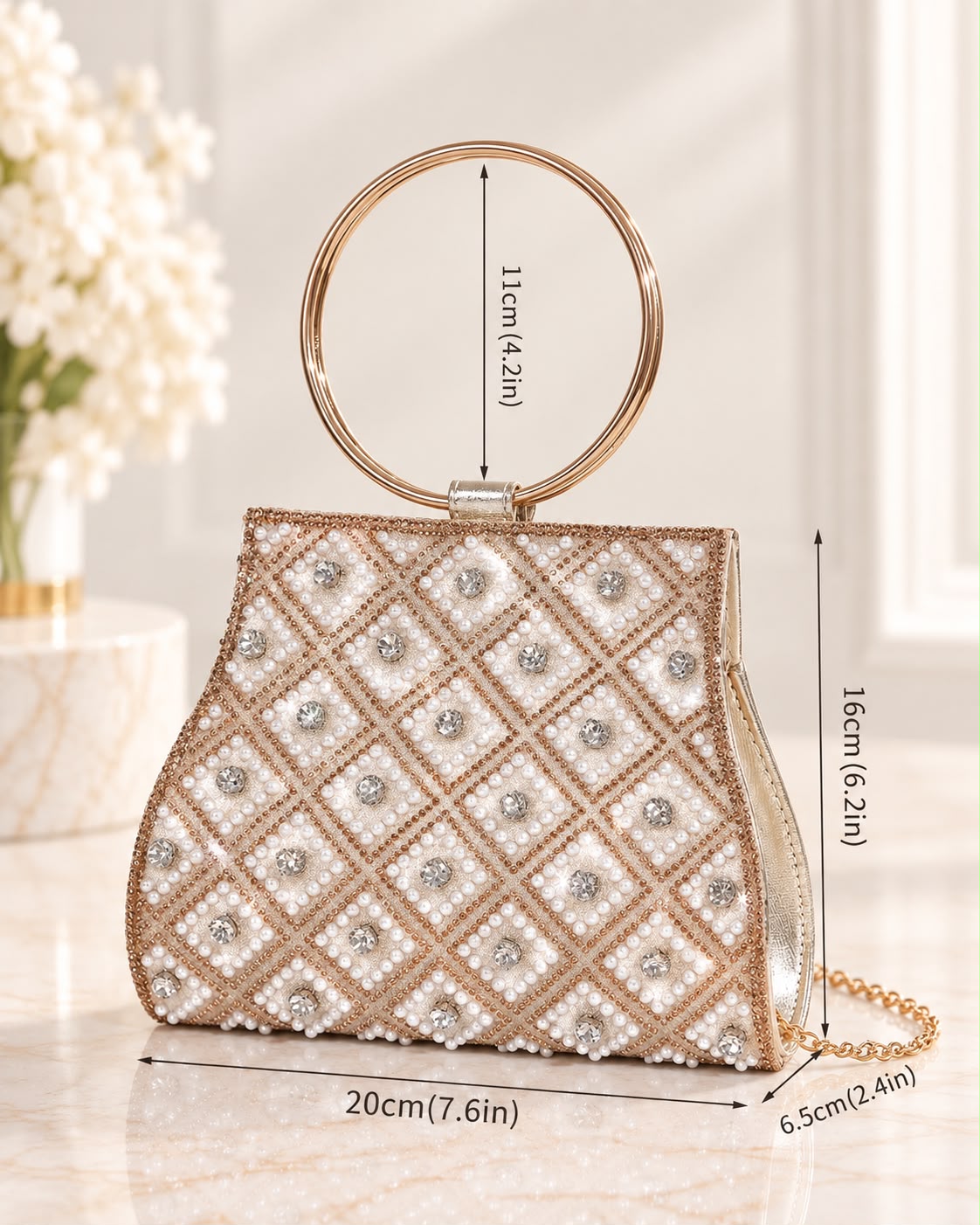 Bolso de fiesta Diamante en dorado y cristales asa curva